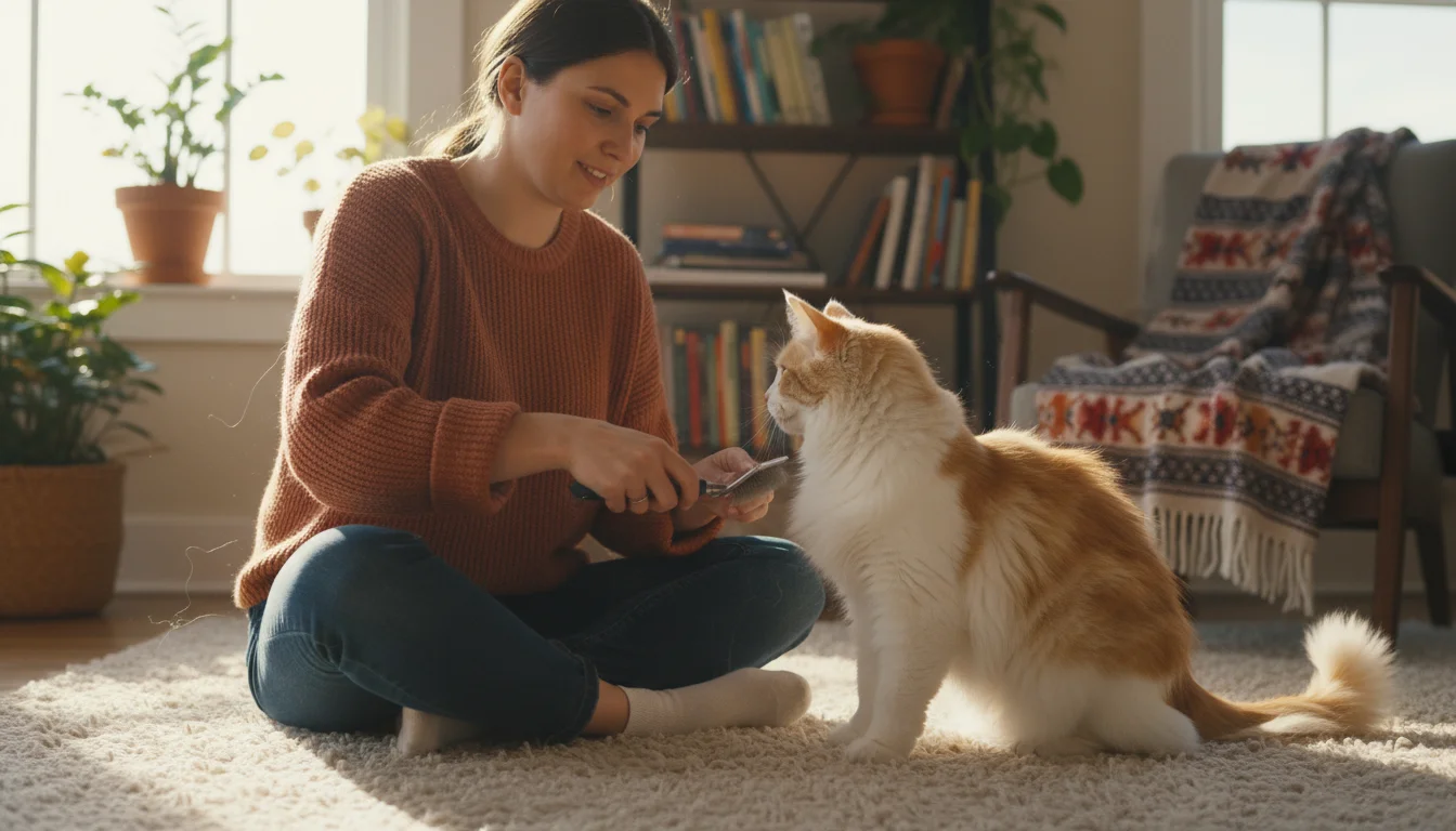 A person on a living room floor gently attempts to brush a long-haired cat that is subtly tensing away, demonstrating patience and calm.