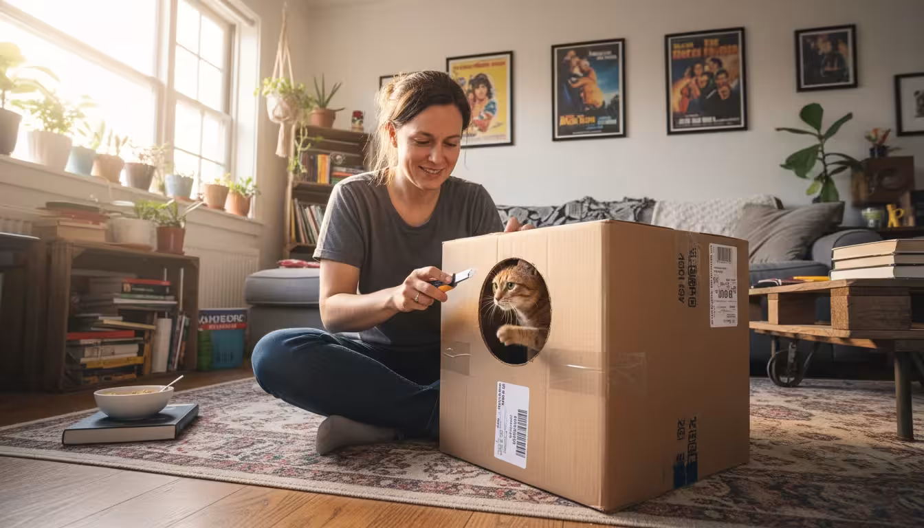 A person on a living room floor cuts a cardboard box, with a tabby cat playing inside, peeking out a window.