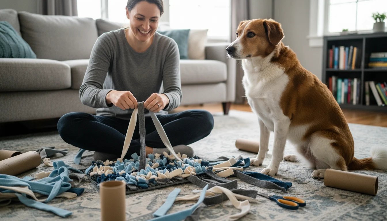 A person on a living room rug is making a snuffle mat from an old fleece blanket, watched intently by a brown and white mixed-breed dog.