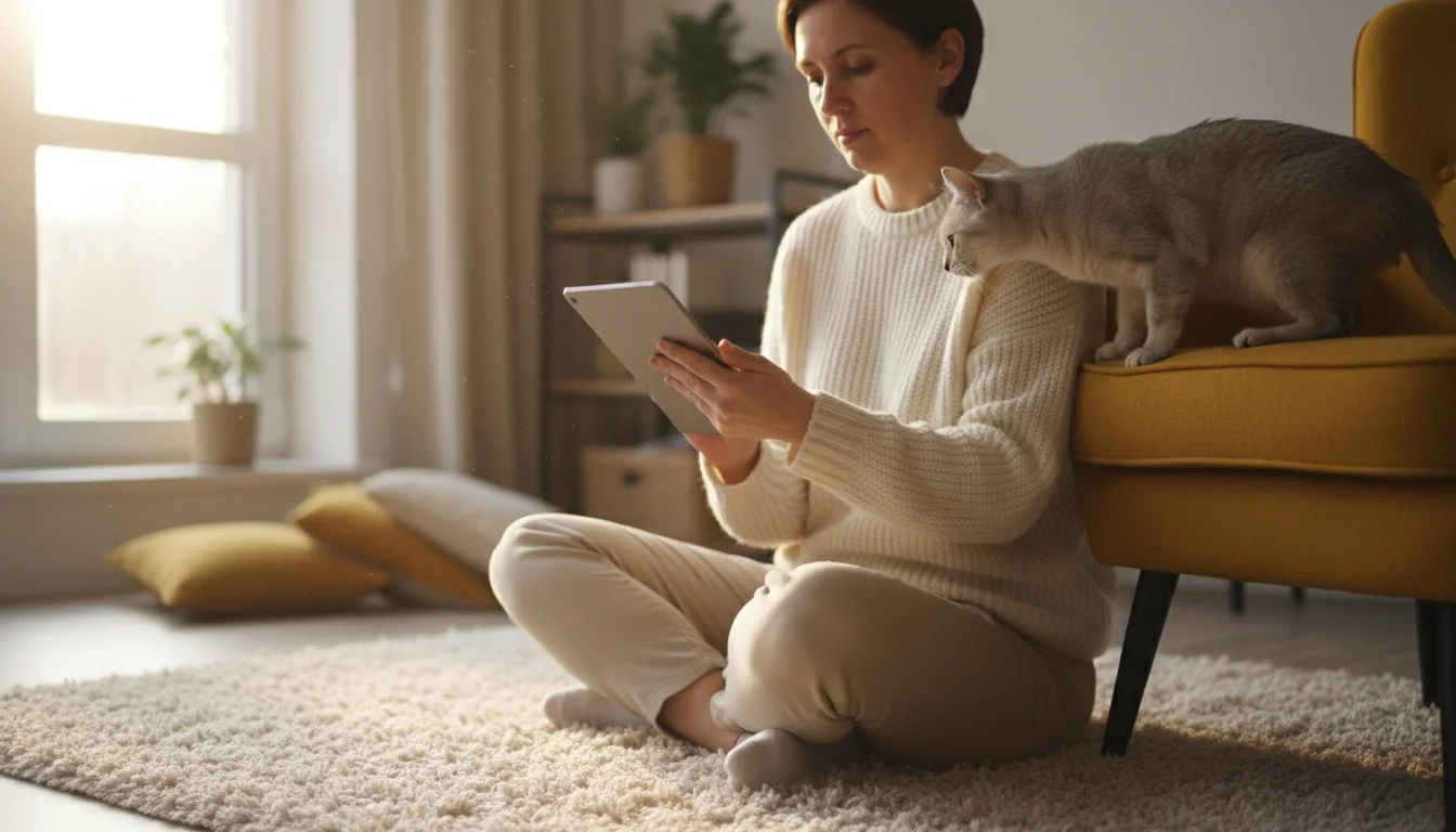 A person looks at a tablet while a grey cat gently nudges their arm, looking at them. Sunlight fills a warm apartment nook.