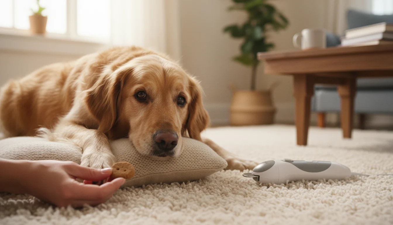 Person gently massages a golden retriever mix's paw on a rug while offering a treat; a nail grinder rests nearby.