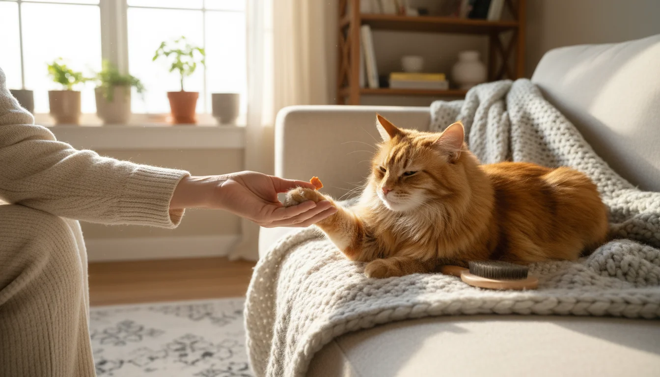 A person gently offers a treat to a sleepy ginger cat whose paw rests on a blanket, in a sunlit living room.