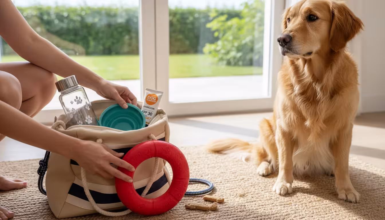 Person packing a dog's beach bag with supplies like water, a bowl, and sunscreen, while a golden retriever watches eagerly indoors.