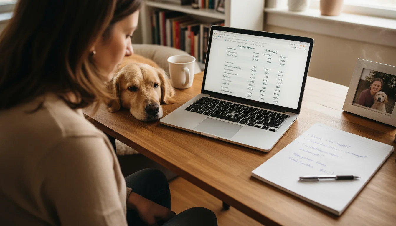 A person with a pensive expression reviews pet care costs on a laptop at a desk with a sleeping cat nearby.