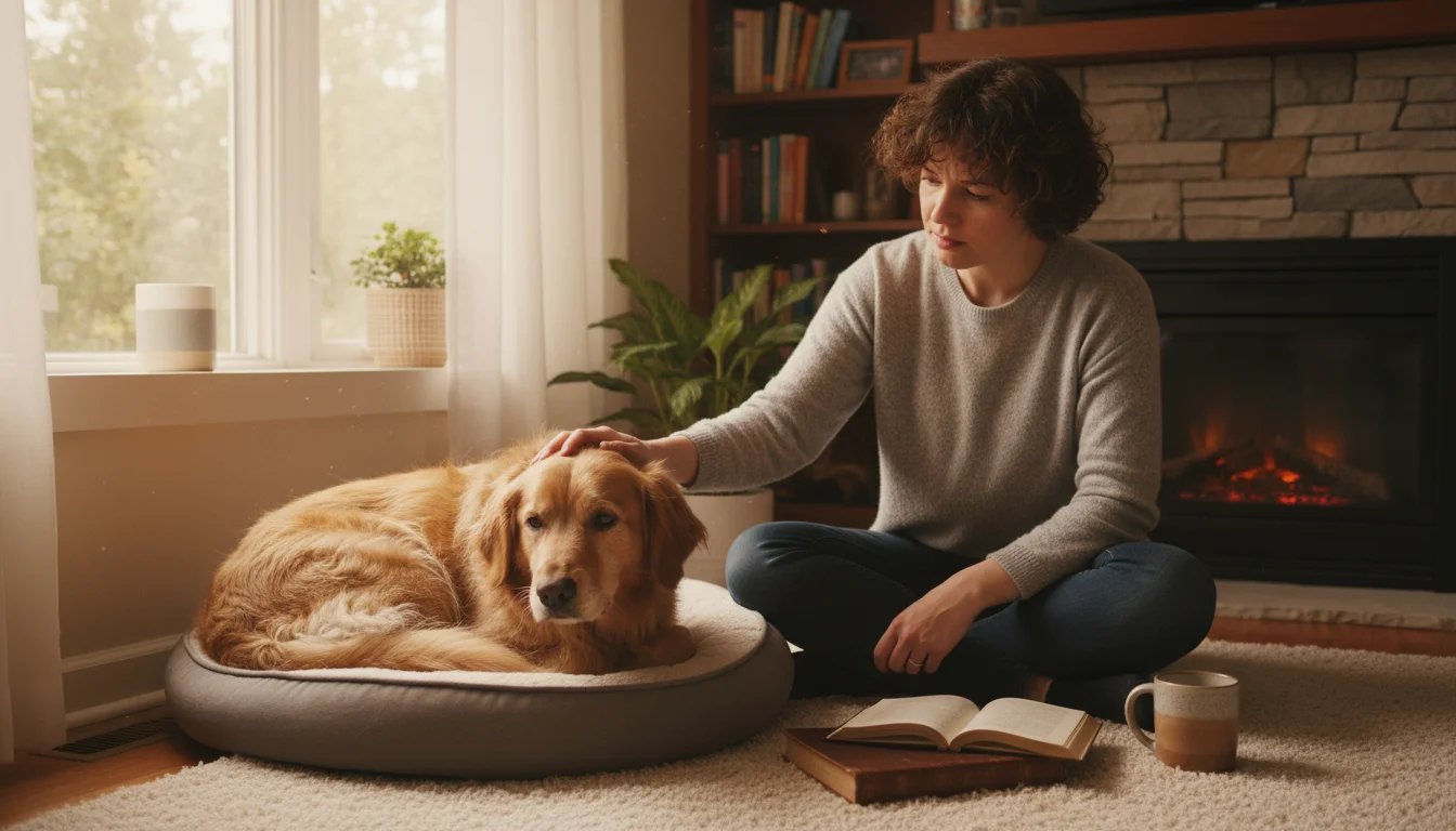 A person gently pets a lethargic golden retriever mix resting on a dog bed in a sunlit living room.