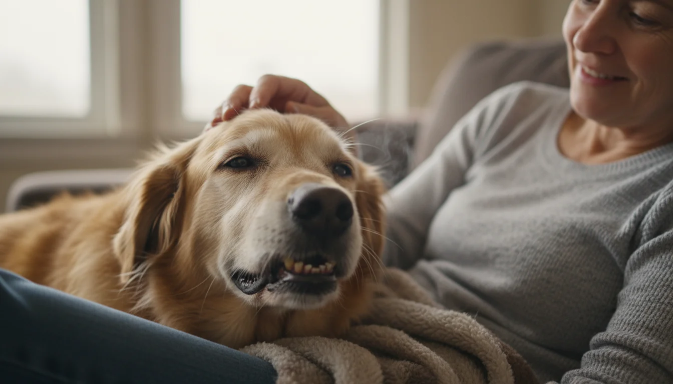 A person gently pets their older dog, observing visible tartar on its tooth and a red gum line as the dog sighs with an open mouth.