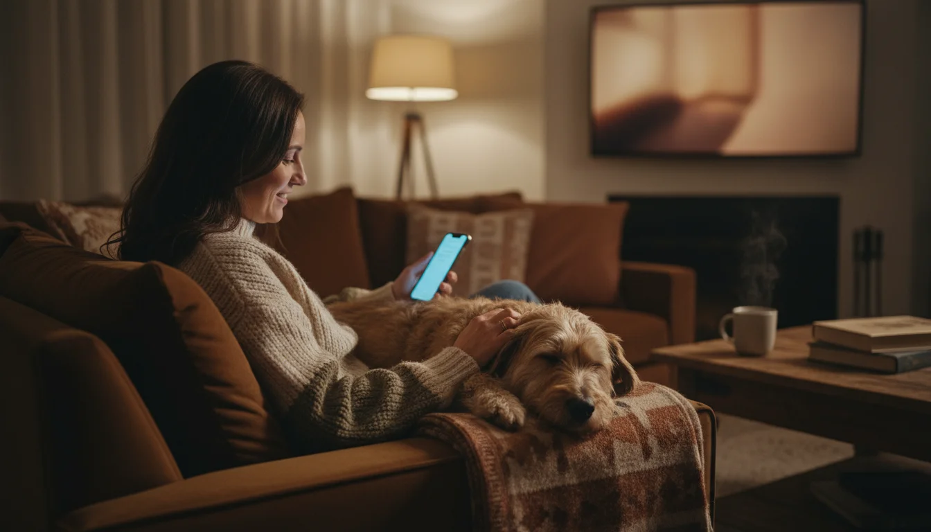 A person gently pets their sleeping dog on a sofa while thoughtfully looking at their phone in a cozy, softly lit living room.