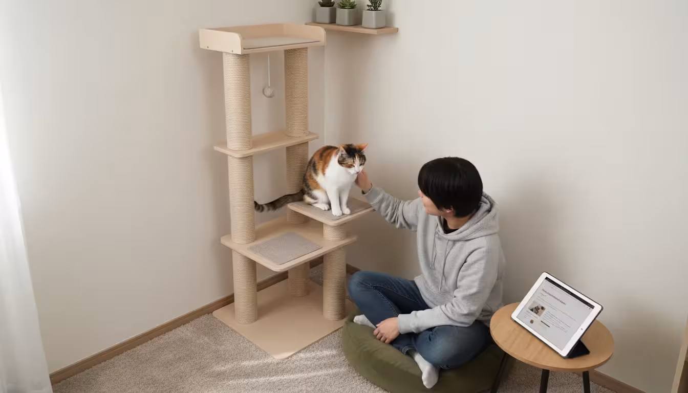 Person petting a calico cat on a sleek cat tree in a small, organized apartment corner, with a tablet displaying a web page nearby.