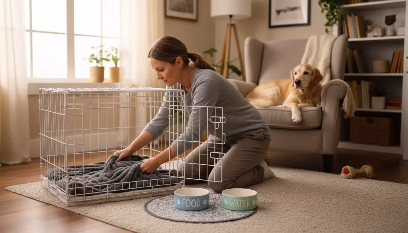 A person places a blanket in a new pet crate, with separate food and water bowls nearby. An older golden retriever watches calmly from its own bed in 