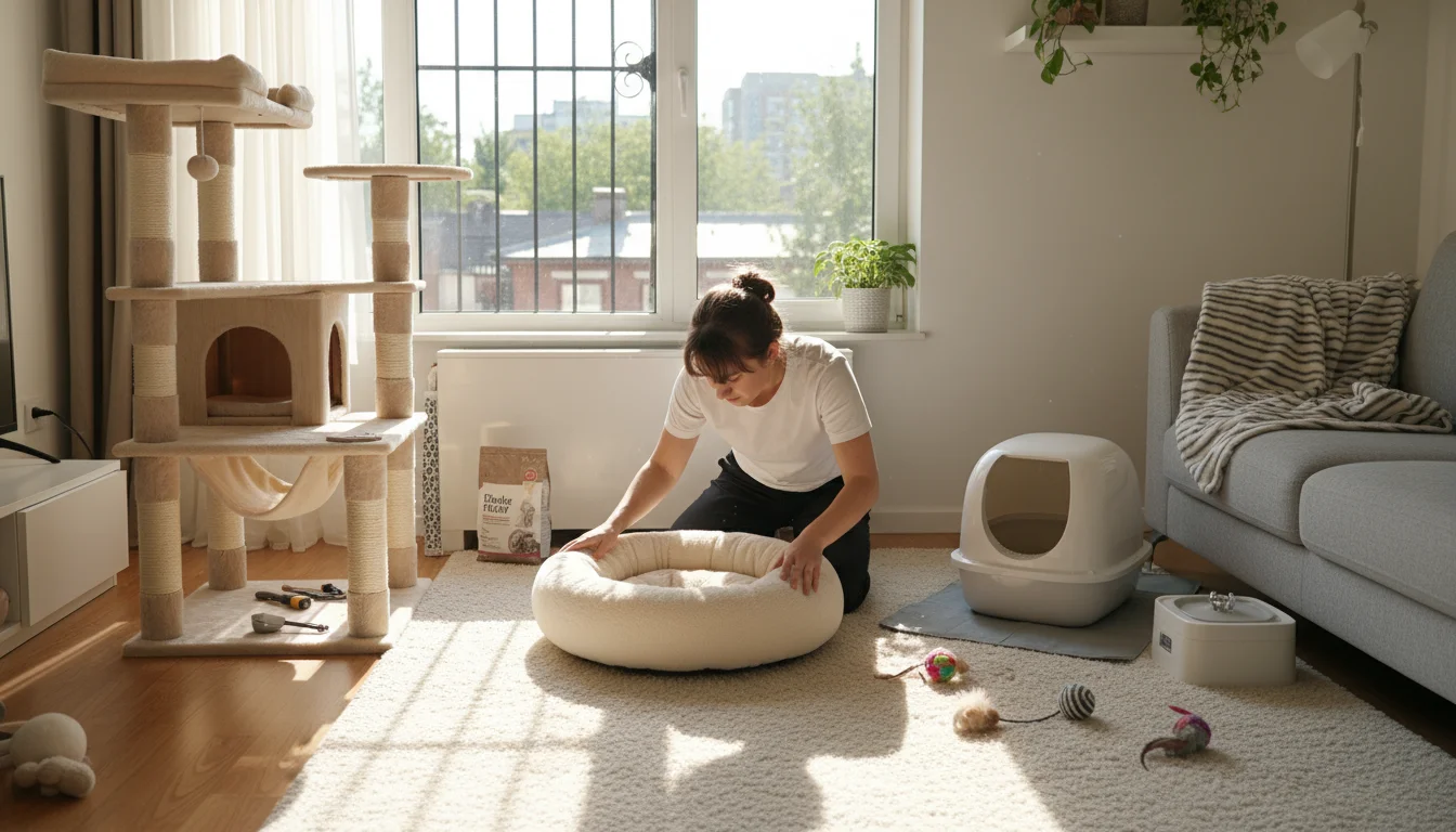 A person carefully places a new cat bed by a window in an apartment equipped with a cat tree and covered litter box.