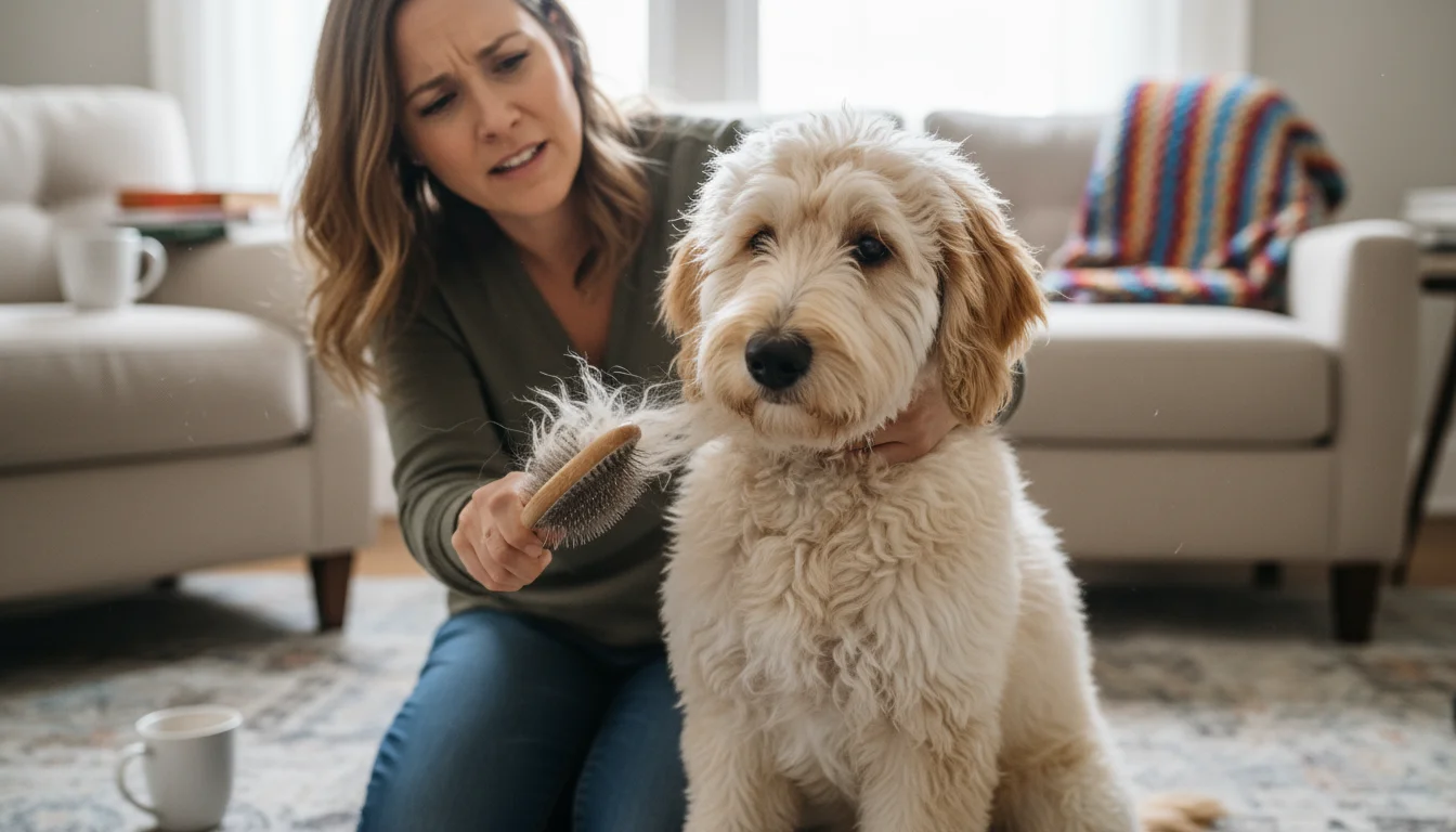A person quickly brushes a fluffy dog's tangled fur with an inadequate brush. The dog turns its head away, showing mild discomfort.