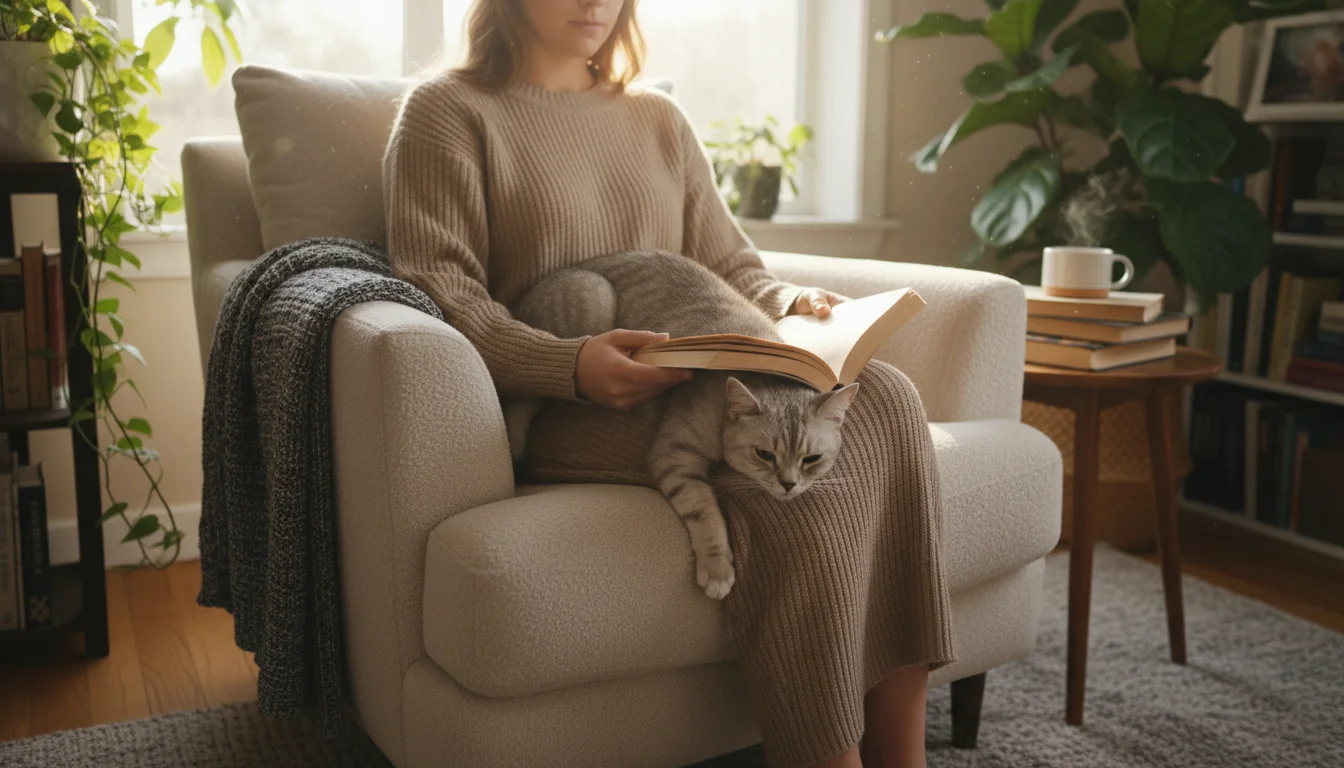 A person reads a book in a cozy armchair, with a gray tabby cat curled contentedly on their lap. Soft sunlight fills the room.