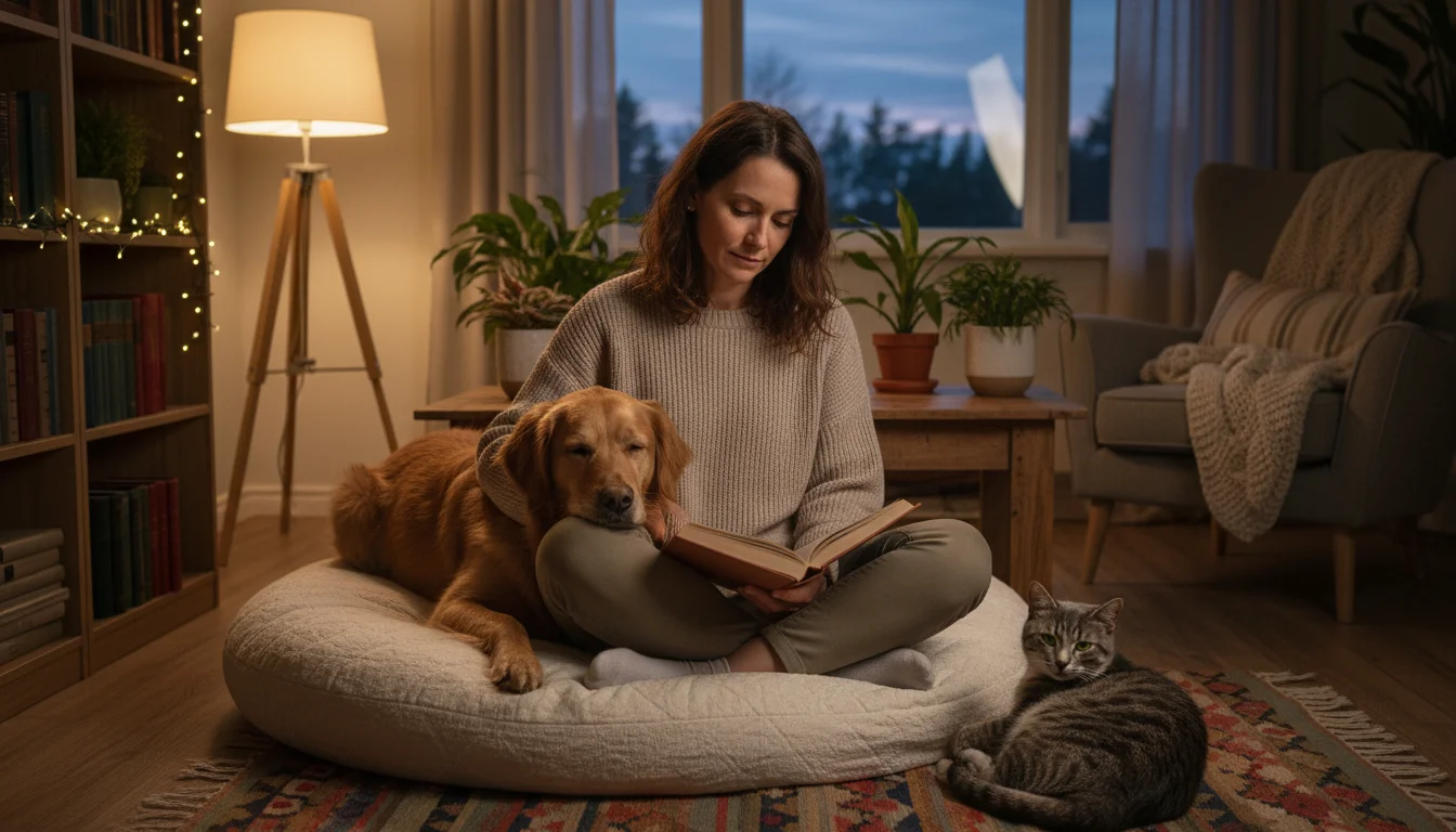 Person reads on living room floor with a dog resting on their lap and a cat curled on a blanket nearby, all relaxed.