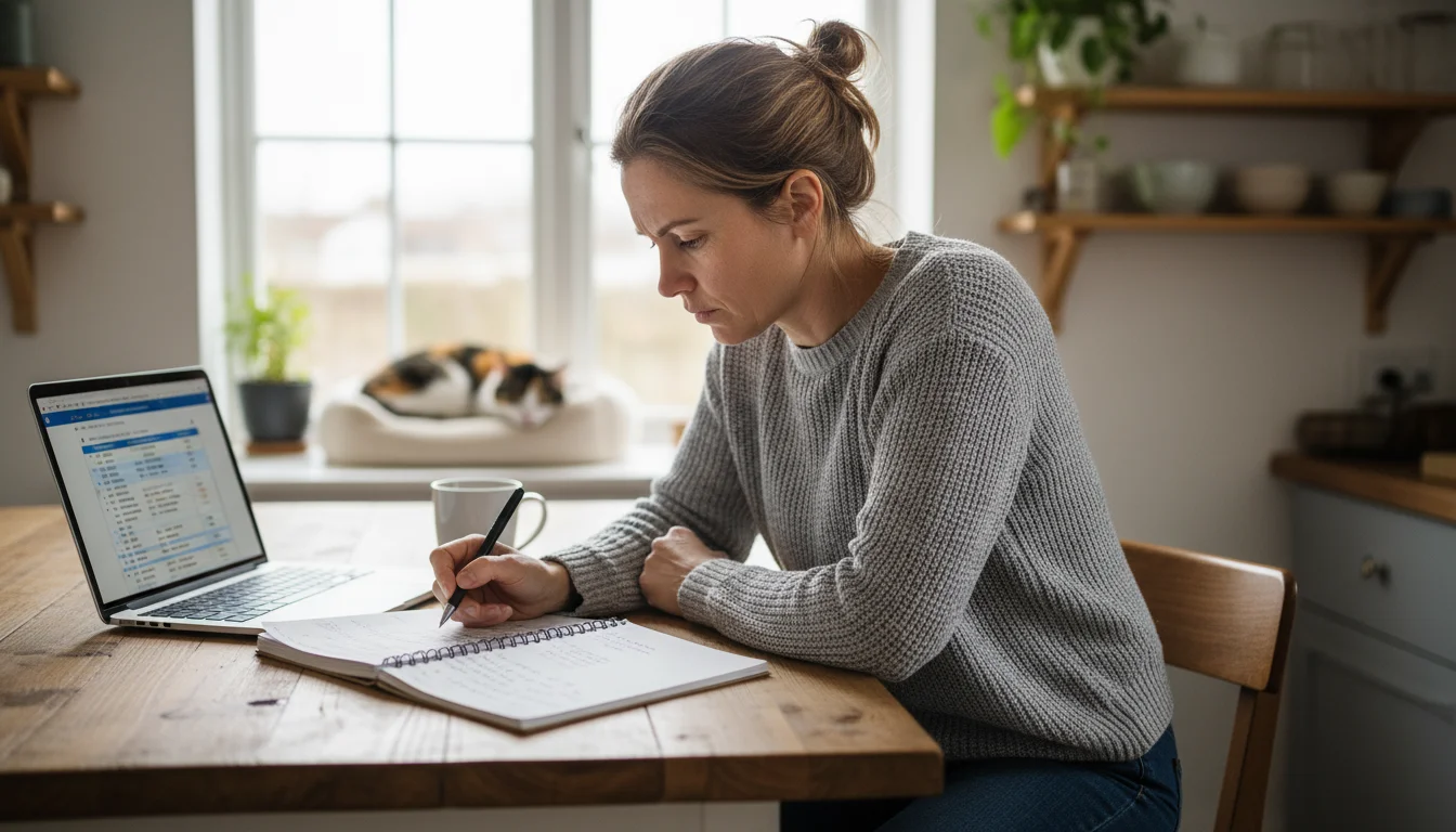 A person reviews notes and a laptop at a kitchen island while a cat sleeps peacefully on a chair in the background.