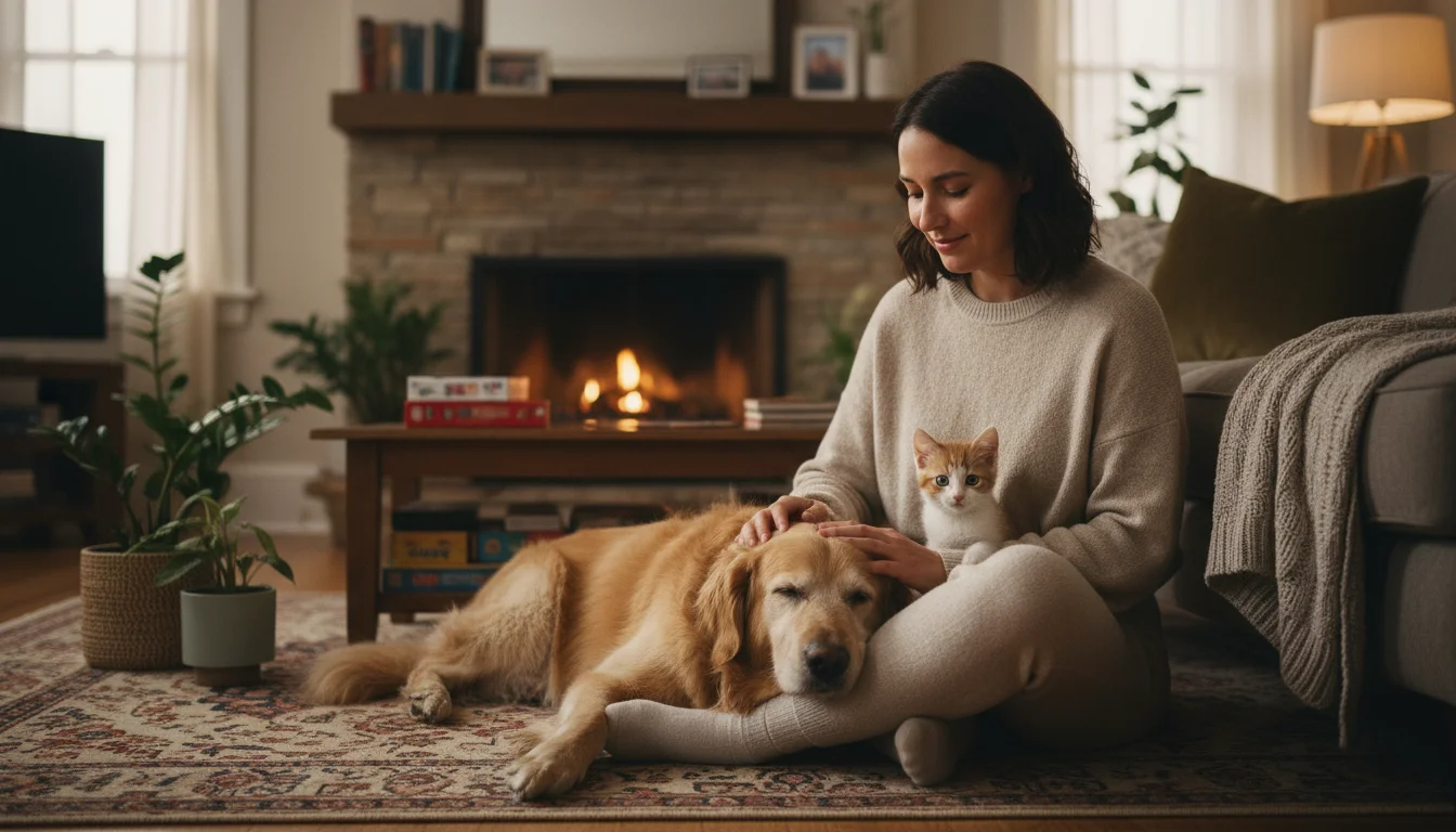 Person on a rug petting a large dog, a small kitten peeking from behind a cushion, symbolizing a new pet introduction.
