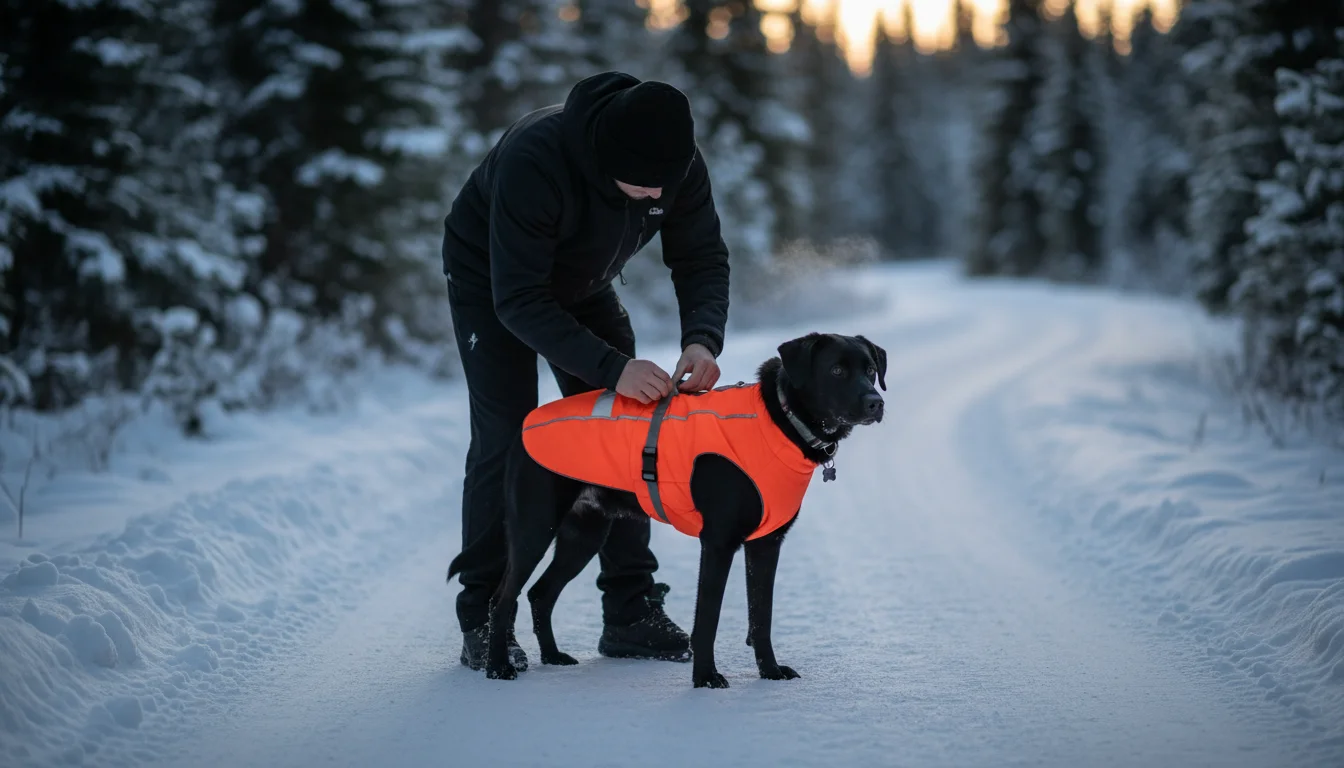 A person secures a bright, reflective winter coat onto a black dog on a snowy path at dusk.