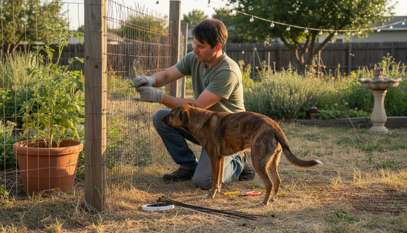 A person secures wire mesh to a wooden fence. A brindle mixed-breed dog sniffs nearby, watching the DIY project.