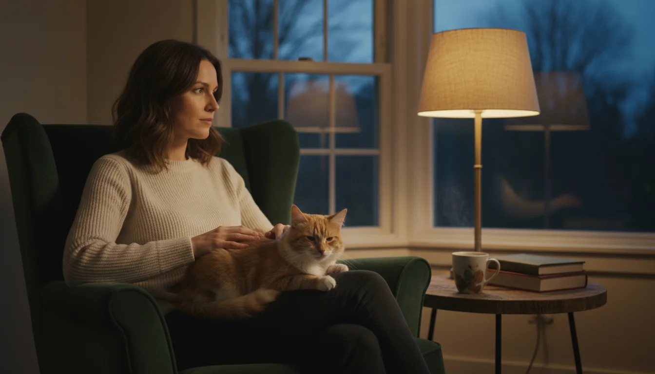 A person sits on an armchair, gently stroking a tabby cat curled on their lap, looking thoughtful and reflective in soft light.