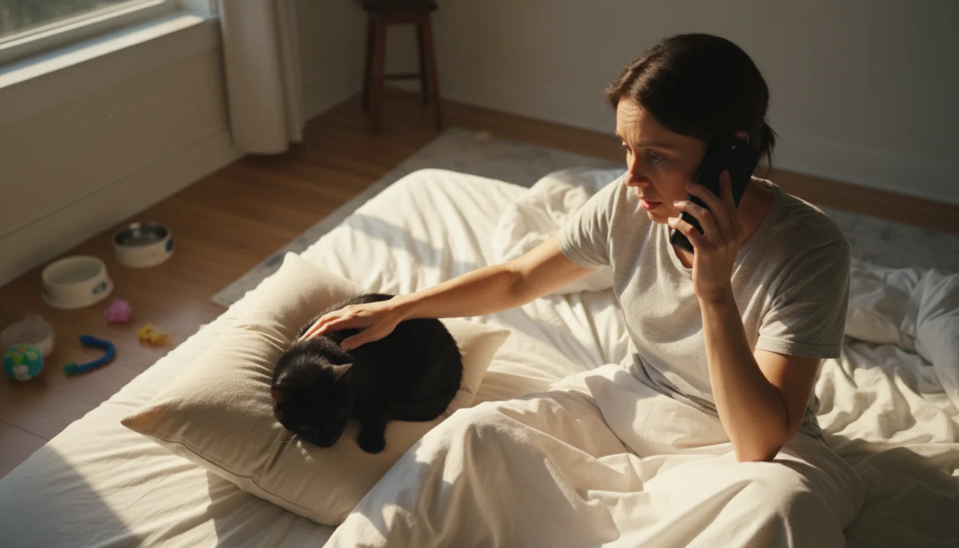 A person sits on a bed, phone to ear, looking at their listless black cat curled on a pillow beside them, seeking vet advice.