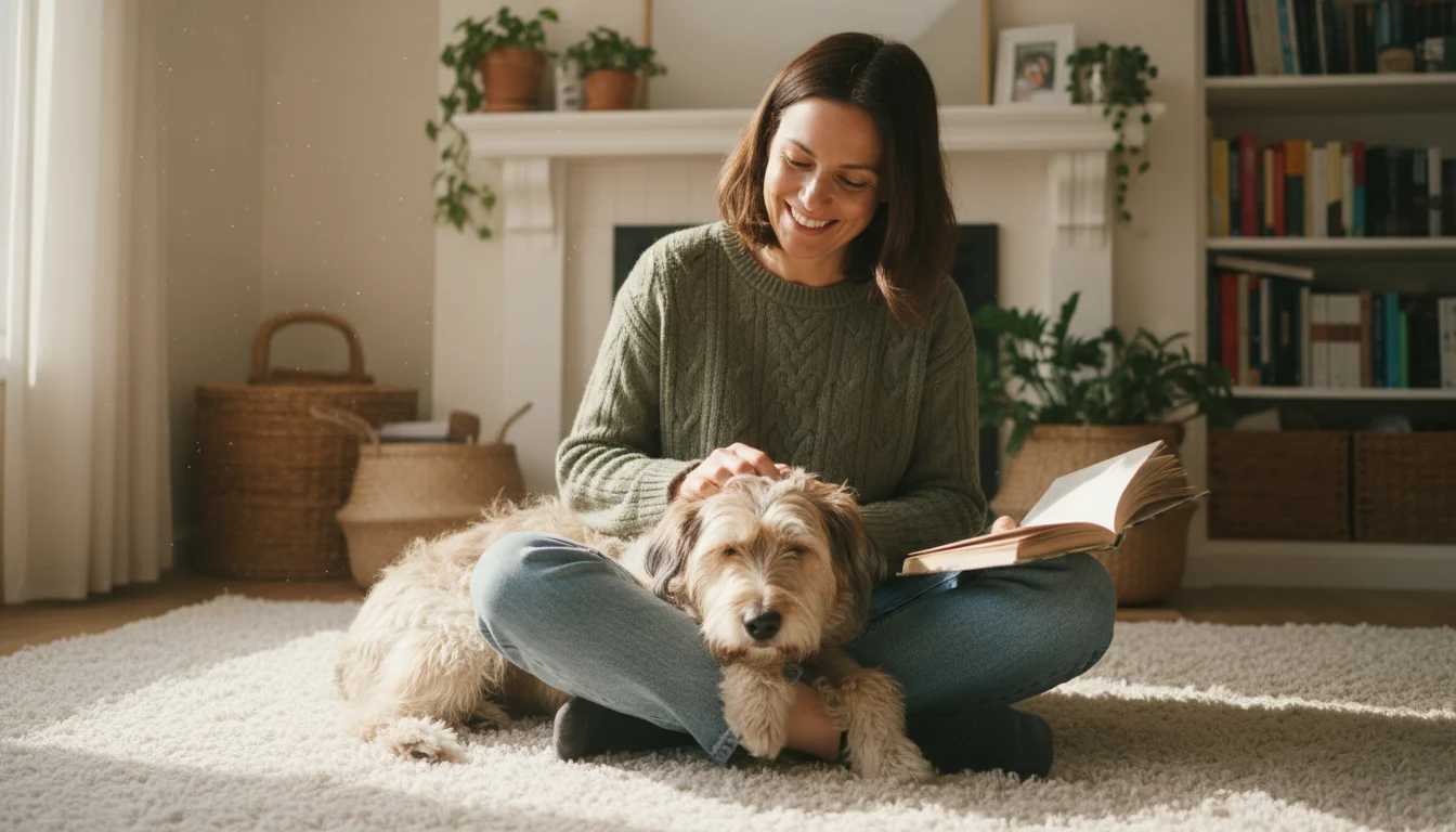 A person sits on a cozy rug, gently stroking a shaggy dog resting its head on their lap, with a contemplative expression.