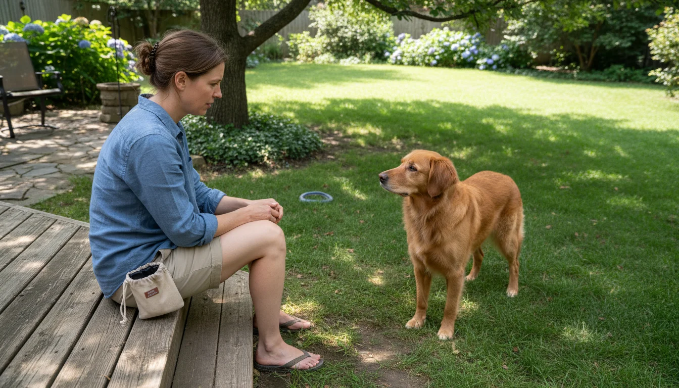 A person sits on a deck step, looking thoughtfully at their dog with a tilted head in a sunny backyard.