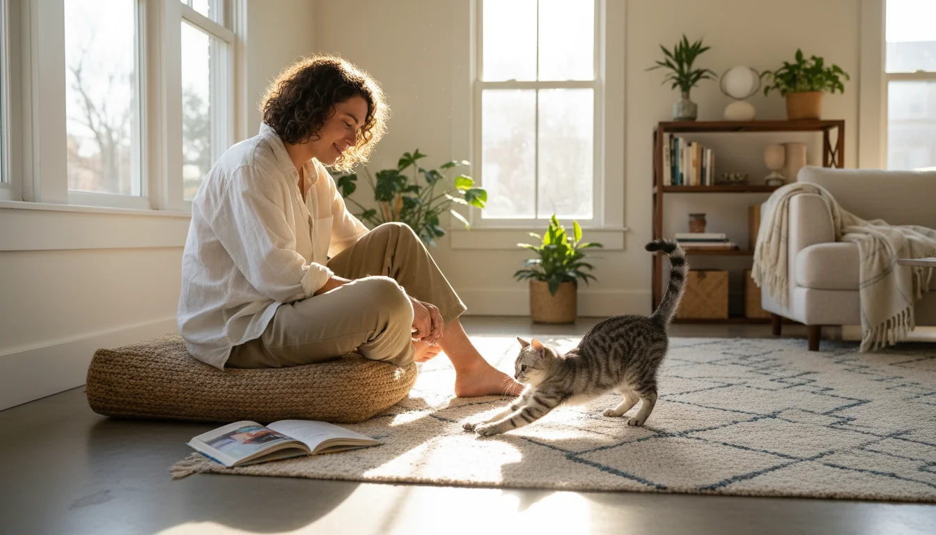 A person sits on a floor cushion, observing a silver tabby cat playing with sunlight on a rug in a bright living room.