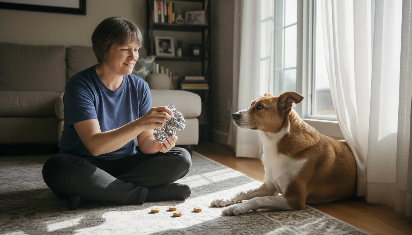 A person sits on a living room floor, offering a crinkly toy to a mildly distracted dog, with dropped treats nearby.