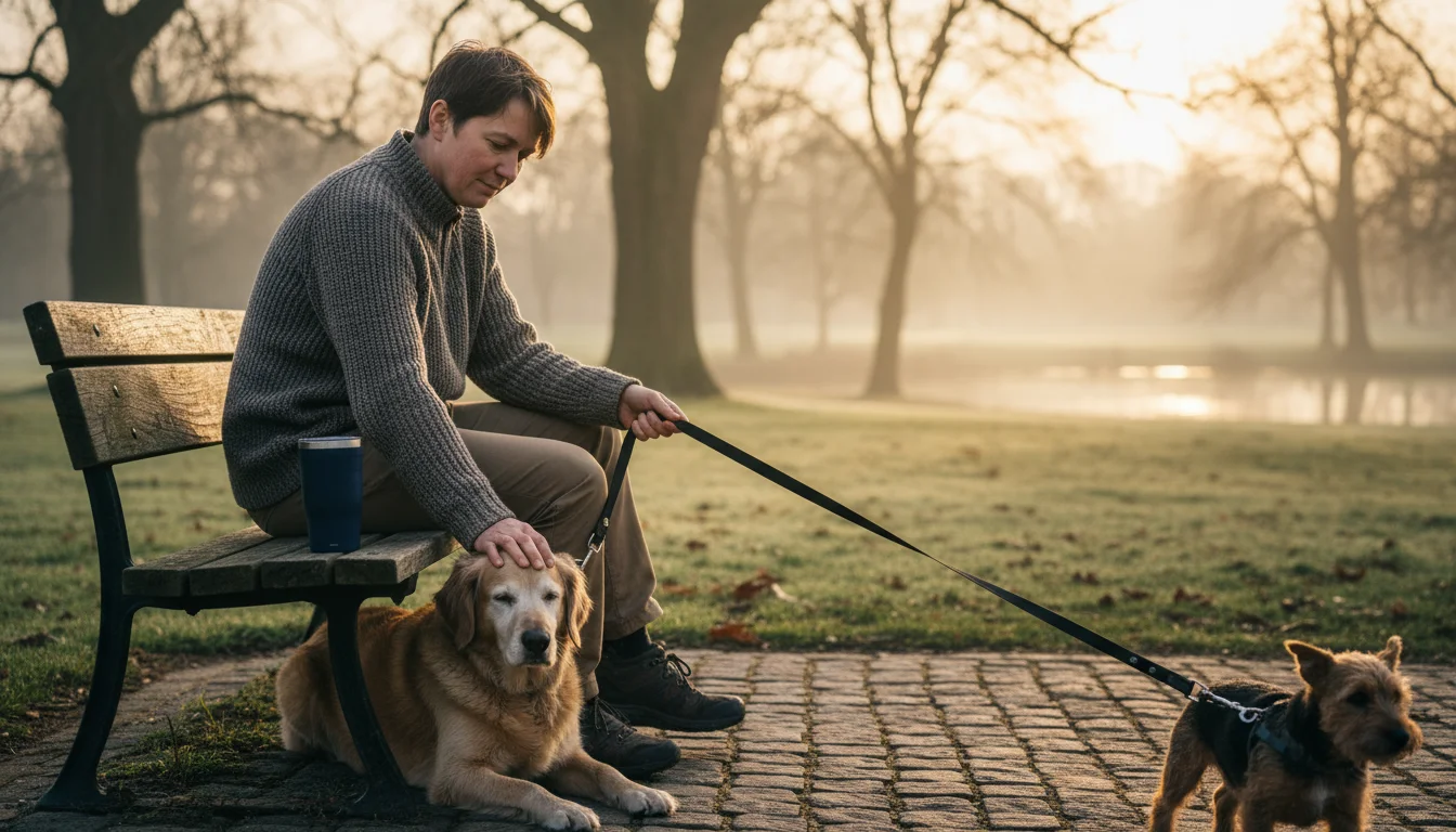 A person sits on a park bench at dawn, petting an older dog while holding a leash for an energetic puppy.