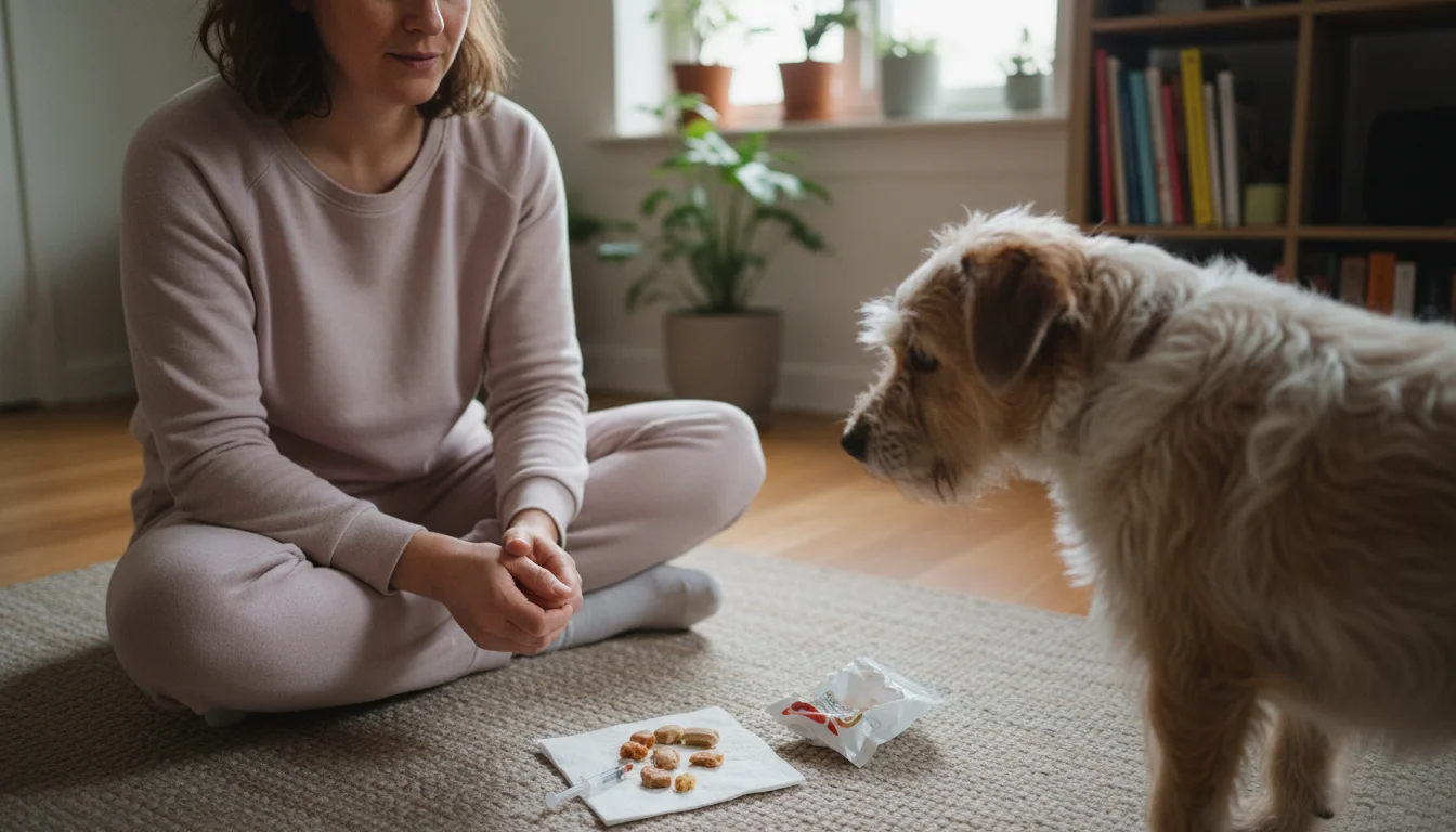 A person sits on a rug next to a scruffy dog, looking thoughtfully at treats and a small syringe on the floor.