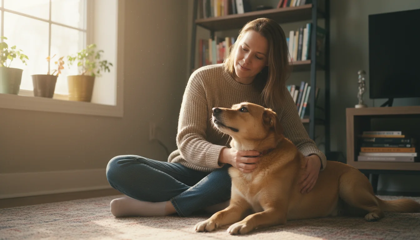 A person sits on a rug, gently petting a medium-sized mixed-breed dog that leans against their leg, looking up with soft eyes.