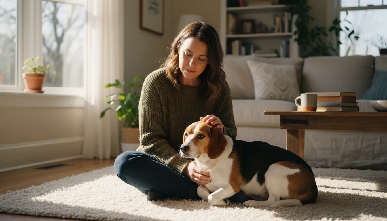 A person sits on a rug, thoughtfully stroking their beagle mix dog who looks up at them with trust.