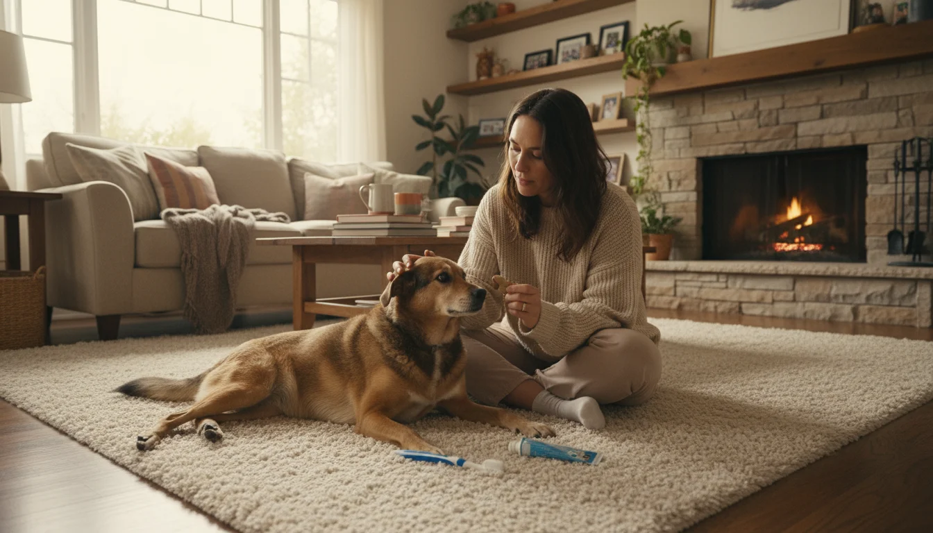 A person sits on a rug, gently touching their relaxed dog's muzzle, offering a treat to encourage comfort before dental brushing.