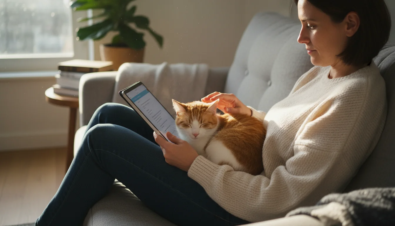 A person sits on a sofa with a ginger cat napping on their lap, looking at a tablet. Soft window light fills a cozy living room.