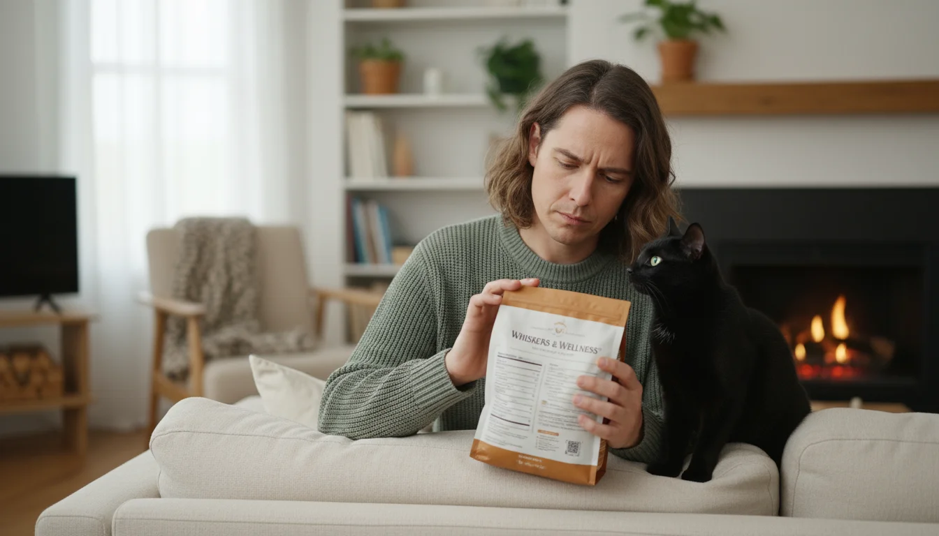 A person sits on a sofa, intently reading a cat food bag label. A cat watches them from the adjacent cushion in a sunlit room.