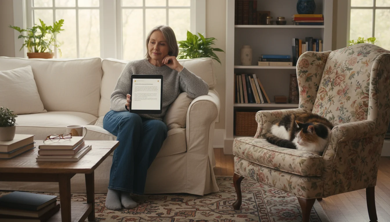A person sits on a sofa looking at a tablet, while a calico cat sleeps soundly on an armchair beside them.
