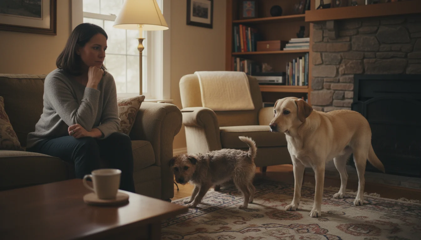 A person sits on a sofa, looking thoughtfully at two dogs. A small terrier hides behind an armchair, observed by a larger, stiff-postured Labrador. Th