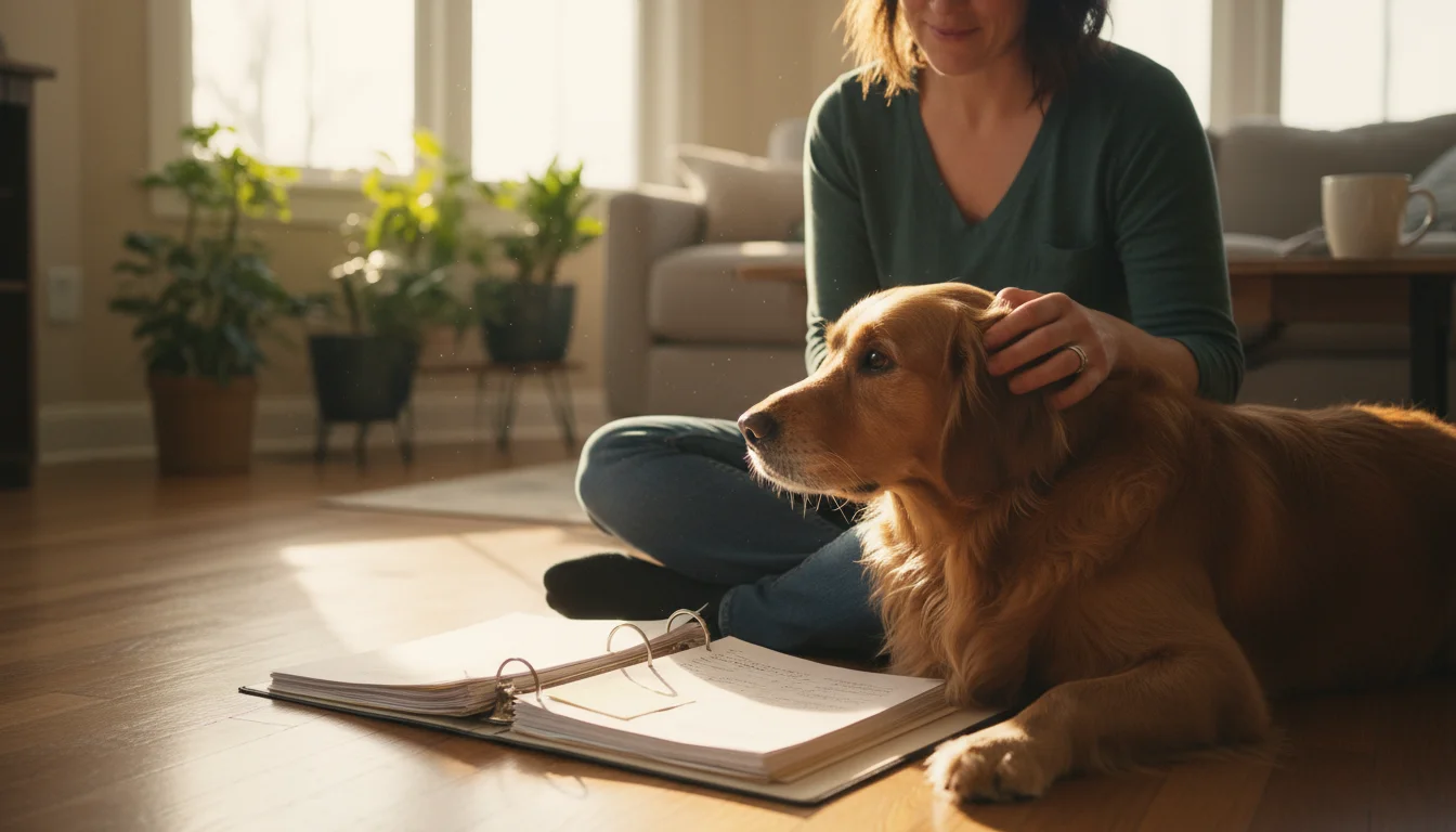 A person sits on a sunny floor, thoughtfully stroking their golden retriever's head, with a binder open beside them.