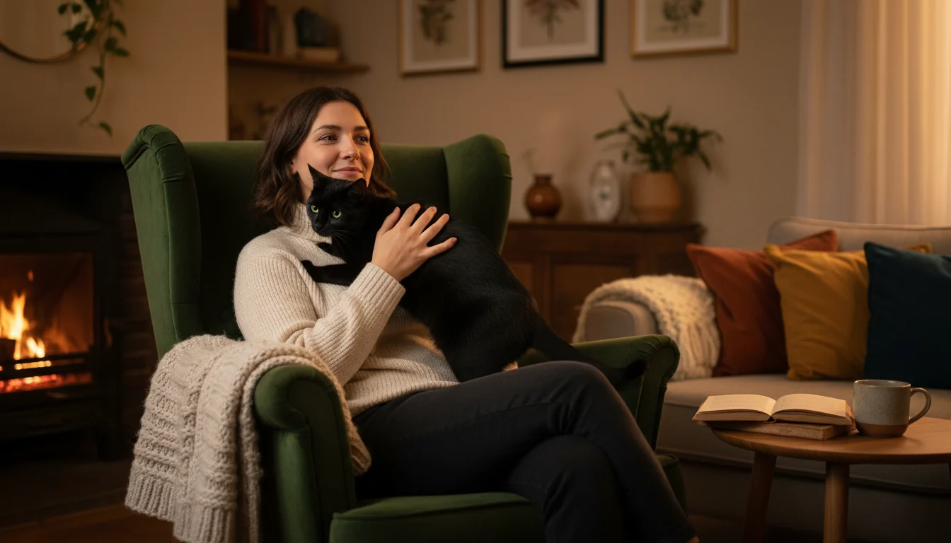 A person sitting in an armchair with a black cat affectionately nuzzling into their neck and shoulder.