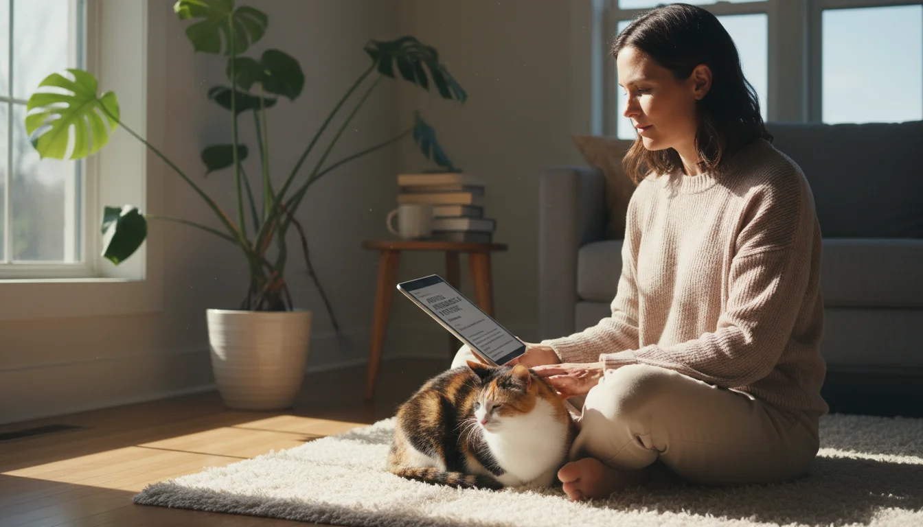 Person sitting on a cozy rug, gently petting a relaxed calico cat and thoughtfully looking at a tablet.