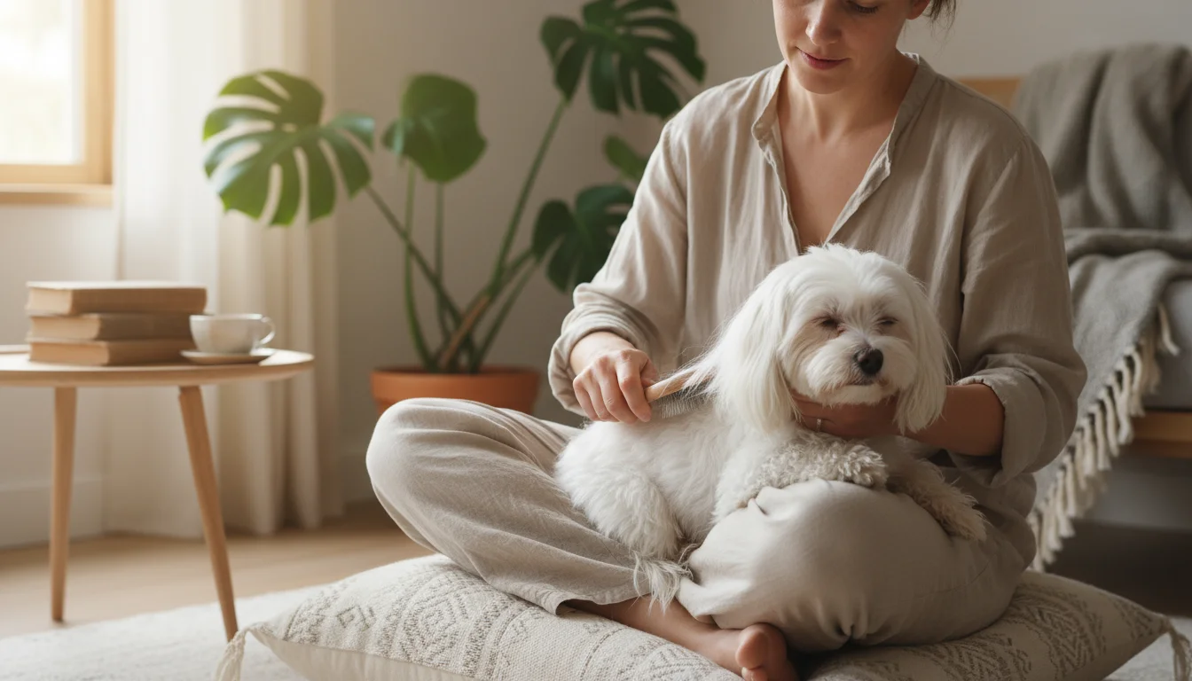 Person sitting on floor cushion, gently brushing a white Maltese dog's long, silky coat with a grooming brush.