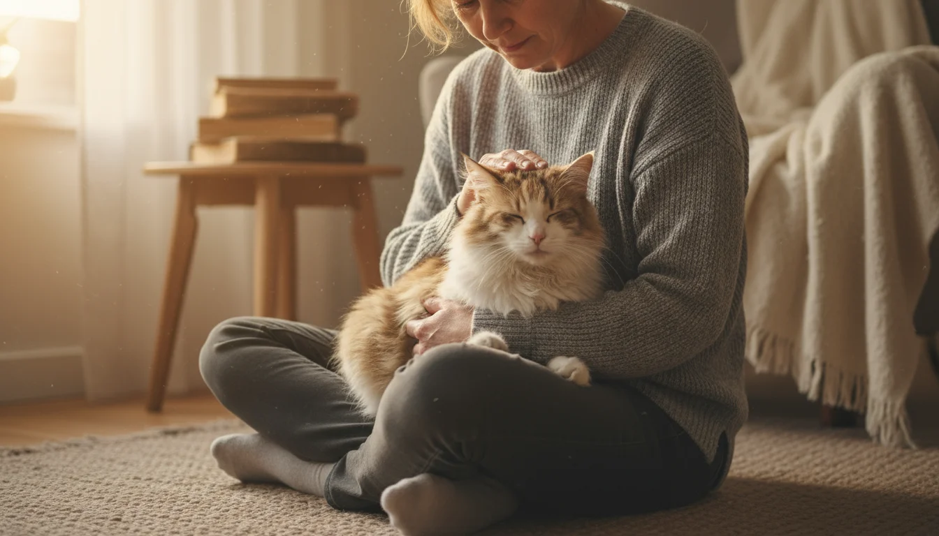 A person sitting on a floor mat, gently holding an elderly, long-haired tabby cat in their lap, with sunlight highlighting the scene.
