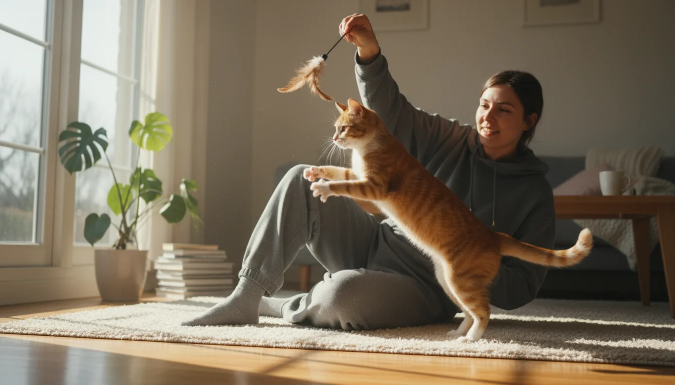A person sitting on the floor plays with a tabby cat leaping to catch a feather wand toy in warm morning light.
