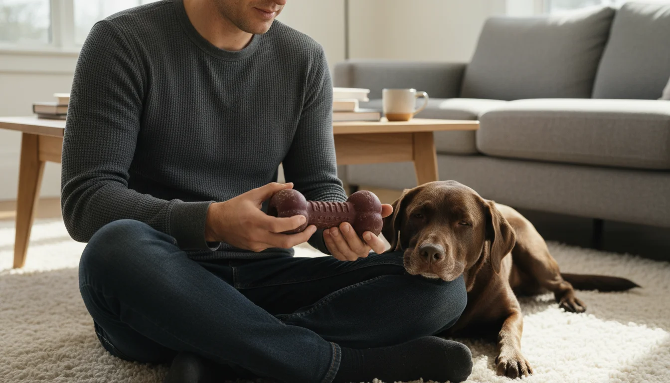 A person sitting on a rug carefully inspects a well-used red rubber dog toy in their hands, while their brown Labrador mix dog lies beside them watchi