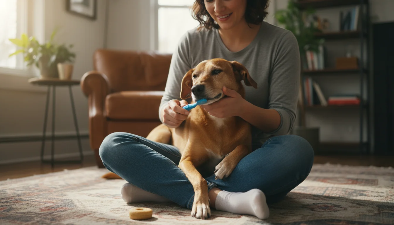 A person sitting on a rug gently supports a calm medium-sized dog's jaw, holding a pet toothbrush nearby. A small treat rests on the floor.