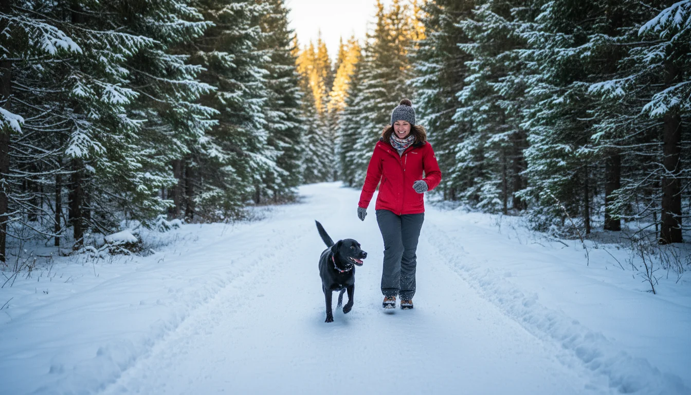 A person and a sleek black dog hike a winding, snow-covered forest trail during winter, both looking happy and active.