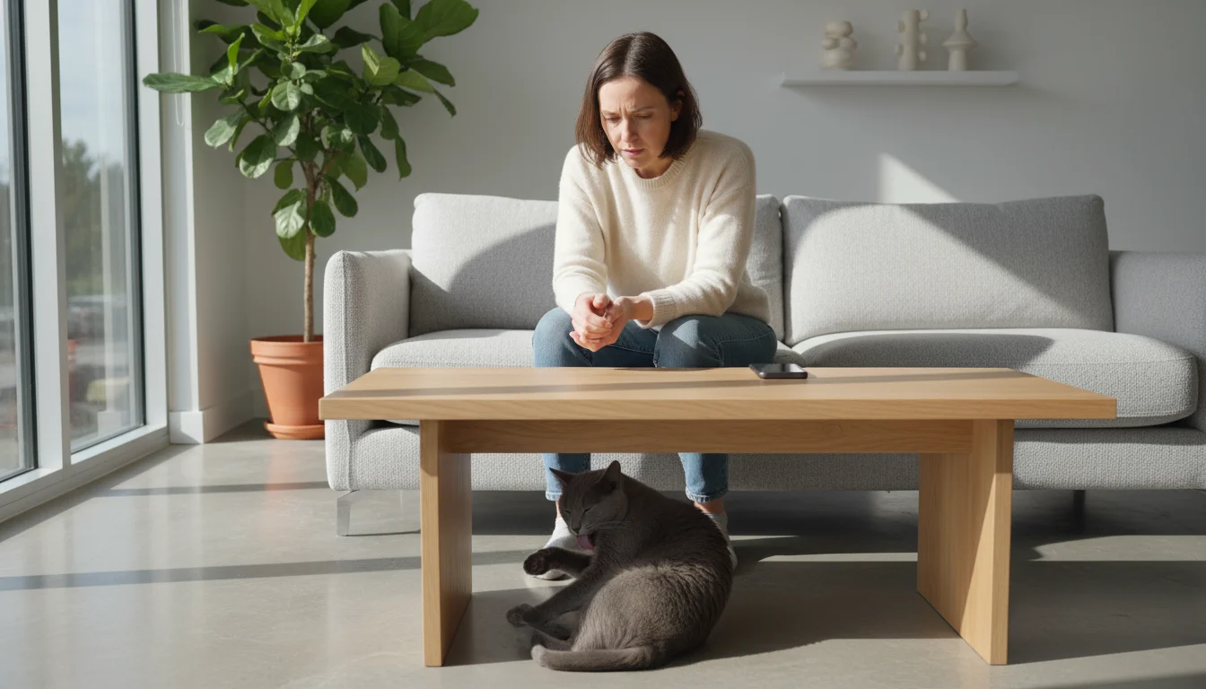 A person on a sofa observes a cat grooming under a coffee table in a bright apartment, with a phone nearby.