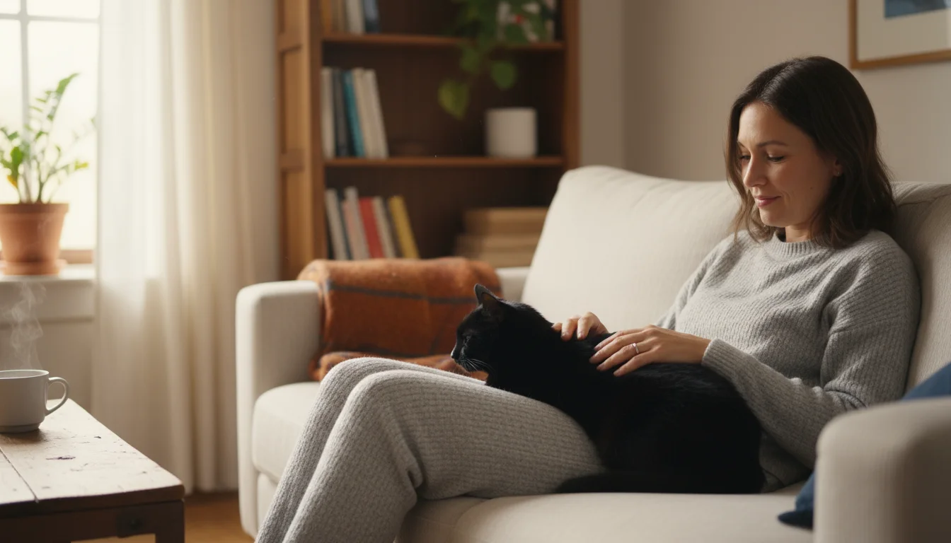 A person gently strokes a relaxed black cat nestled on a sofa, their thoughtful gaze directed at the cat, with a smartphone nearby.