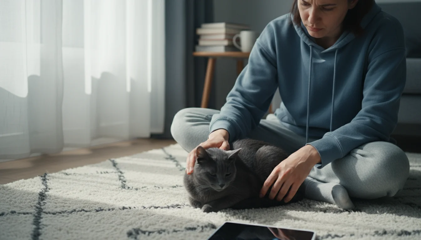 Person gently strokes a short-haired cat on a rug, looking thoughtfully downwards in soft window light.