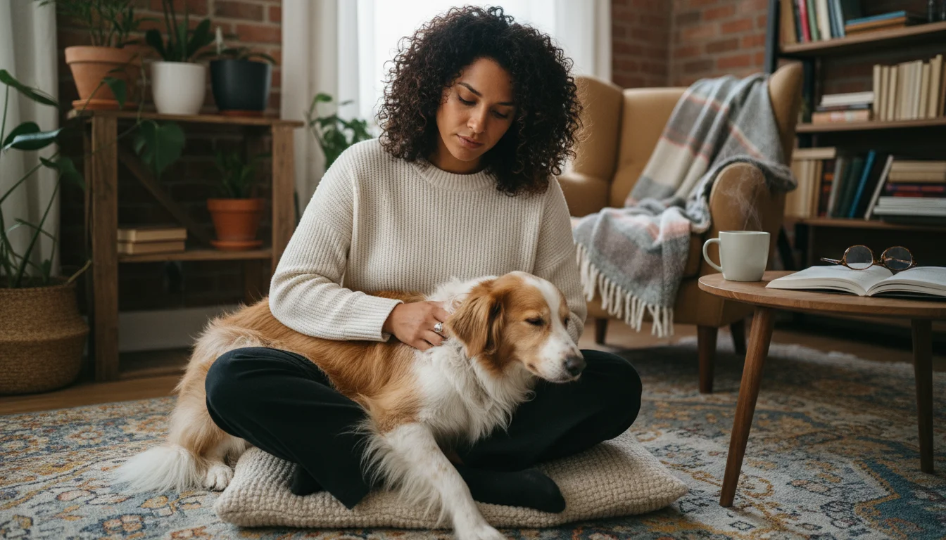 A person gently strokes their fluffy mixed-breed dog in a warm living room, looking thoughtful.