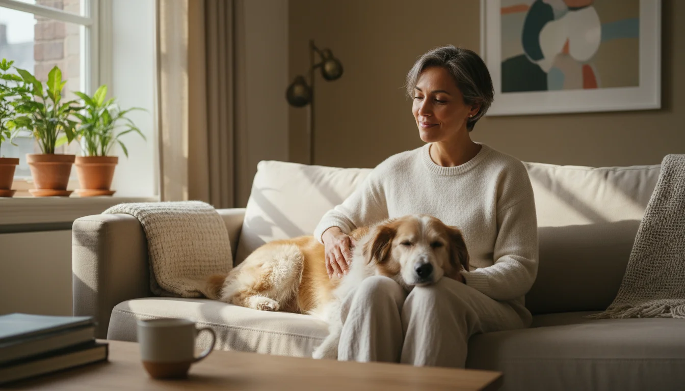 A person in their late 40s sits on a sofa, gently stroking their dog's head. The dog rests calmly on their lap.